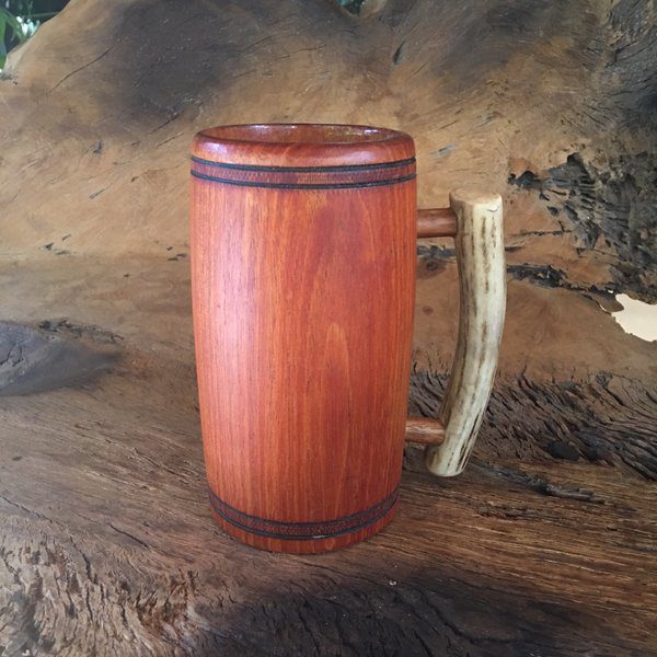 Wooden Tankard Mug, Mahogany Wood, Elk Antler Handle by Greybeard
