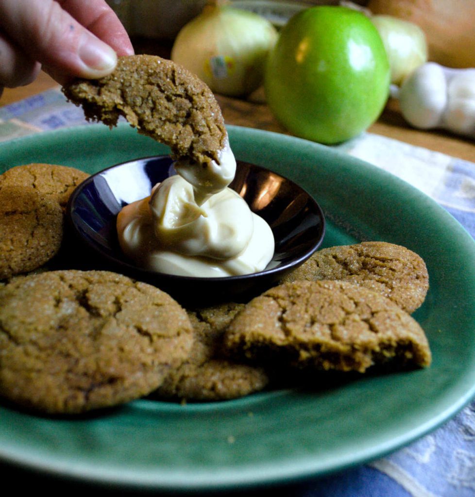 Bacon Fat Gingersnaps [and Honey Cream Cheese Dip] from Pixiespocket.com - a rich, delicious cookie with a smoky twist! Beautiful when paired with the heavenly honey cream cheese dip.