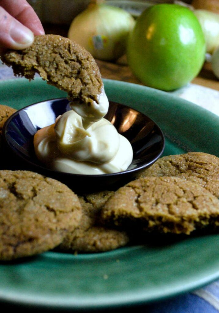 Bacon Fat Gingersnaps [and Honey Cream Cheese Dip] from Pixiespocket.com - a rich, delicious cookie with a smoky twist! Beautiful when paired with the heavenly honey cream cheese dip.